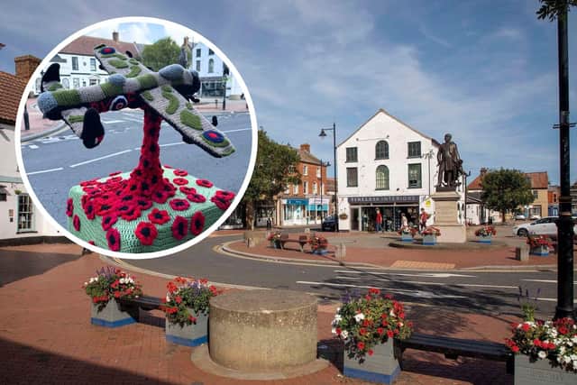 The crocheted and knitted topper created for Remembrance Day (inset). Main image: Spilsby town centre.