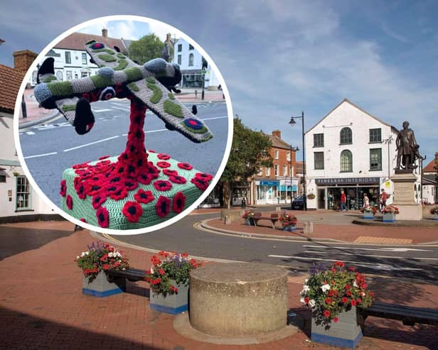 The crocheted and knitted topper created for Remembrance Day (inset). Main image: Spilsby town centre.