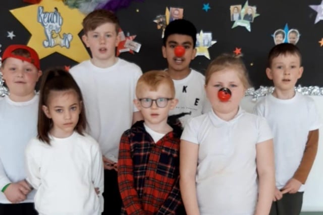Beacon Primary School pupils in Skegness tell jokes to raise money for Red Nose Day.