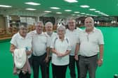 The Parthians and Breakaways bowlers after Parthians won 18-7 with Parthians skip Richard Keeling (far right), pin Nic Woods (next to him), and lead Ray Moore (fourth from right)