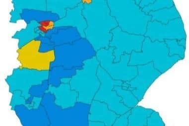 The new political map for Lincolnshire County Council (Reform in light blue)