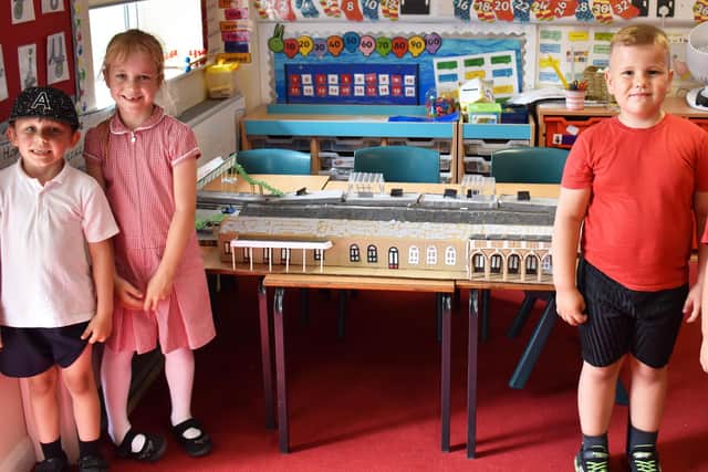 Pupils with their scale model of Boston Railway Station.