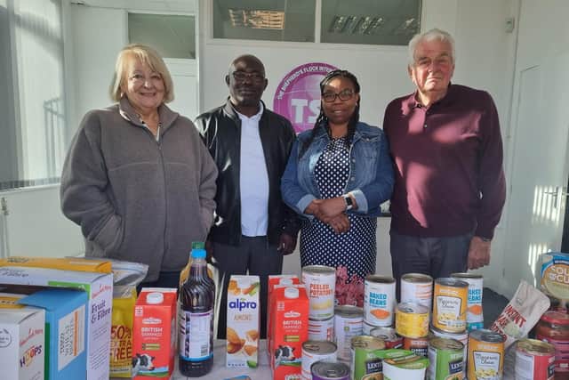 Pastor Dr Olusegun and Mrs Faith Odumade (centre) of the Skegness TSF church with members Maureen and Anthony Eley at the food bank.