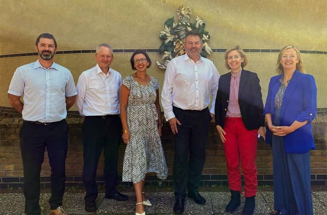 L-R Assistant Director of Economy Tony Mabbott, Assistant Director of Planning and Climate Change Mark Williets, NKDC Chief Executive Kath Marriott, NKDC Leader Cllr Richard Wright, Mayor of Lincolnshire Dame Andrea Jenkyns, Deputy Director GLCCA Ruth Carver