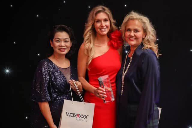 l-r: award sponsor Hazel Menon - Founder of WaxXXX Singapore, Amy Nixon, awards host - Caroline Hirons