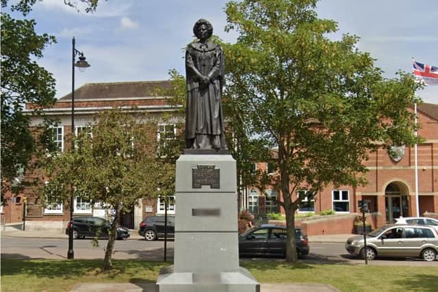 The Margaret Thatcher statue in St Peter's Hill, Grantham. Image: Google