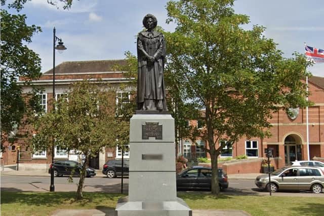The Margaret Thatcher statue in St Peter's Hill, Grantham. Image: Google
