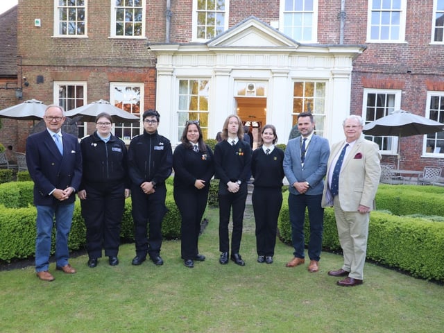 Some of the younger judges - Boston Police Cadets' Ceszar Stemate and Ellie Atkin, and Boston Grammar School's Urte Venckute, Tomasz Tokarz, and Rachel Morris, with head of sixth form Steven Baker, and Martin Fairman and Dudley Bryant.