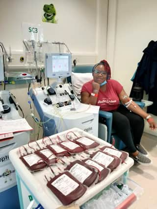 Oyesola Oni receiving a transfusion.