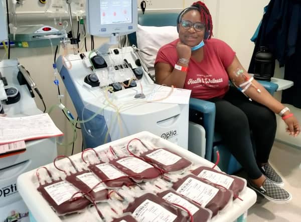 Oyesola Oni receiving a transfusion.