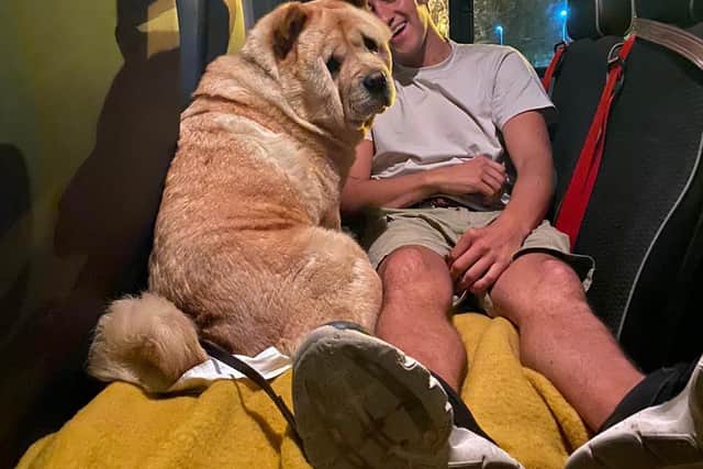 Jony with Mr Poops on the bus back to the UK.