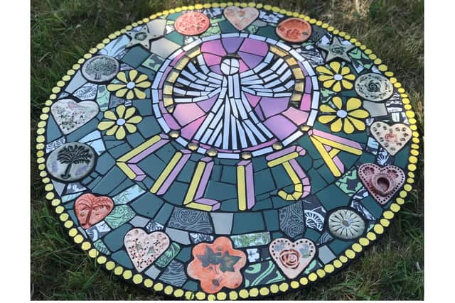 The mosaic artwork in tribute to Lilia Valutyte created by Karen Francesca, of Boston School of Mosaic.