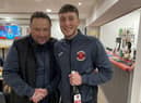 Chris Rawlinson presents hat-trick hero Dec Johnson with his man-of-the-match award on Saturday. (Photo: Skegness Town FC)