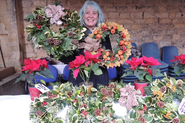 Teresa Lowery of Flowery T, from Fulbeck, selling festive wreaths.