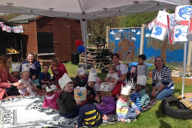 Children at Kirkby on Bain Nursery took part in a Royal one-mile Toddle all dressed up in Royal regalia and hand-made flags and crowns.