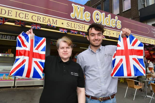 Coun Billy Brookes (right) flying the flag for the Jubilee at his new business Me Old's, with staff member Karen King.