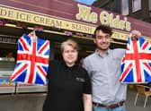Coun Billy Brookes (right) flying the flag for the Jubilee at his new business Me Old's, with staff  member Karen King.
