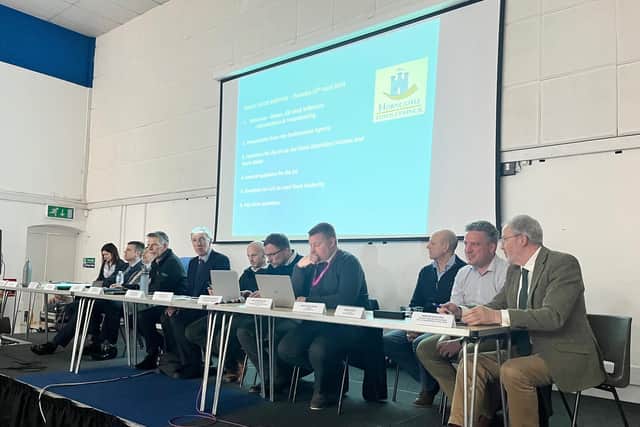 The panel from the EA, Witham Third Drainage Board, and Lincolnshire County Council at the flooding meeting.
