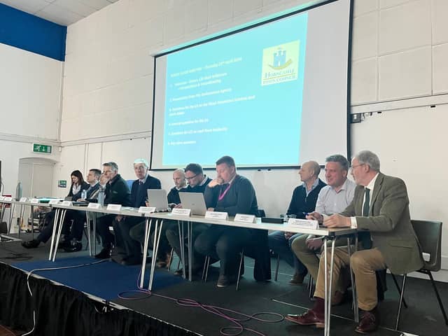 The panel from the EA, Witham Third Drainage Board, and Lincolnshire County Council at the flooding meeting.