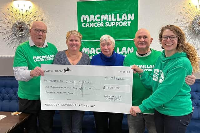Graham Beauchamp, Julie Waby, Jennie Beauchamp and Paul Bell presenting the cheque to Ingrid Ashton from Louth Macmillan Fundraising group.