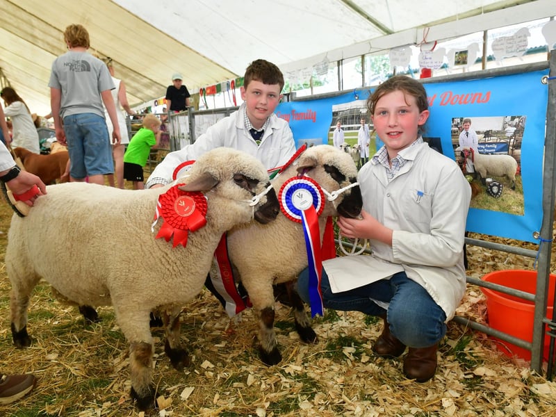 Charlie Gray 11 and Felicity Gray 10 with Dorset Downs L-R Bounty and Clementine, of Kirton. Photo: David Dawson