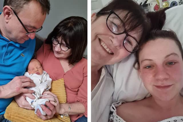 Sadie's parents meet baby Theodore, and right, Sadie's mum Angela visits her in hospital.