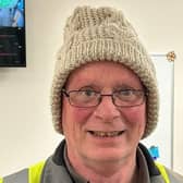 Andrew Briggs, driver at Wiltshire Farm Foods, in a handmade knitted hat from a customer