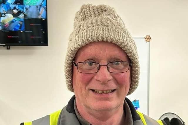 Andrew Briggs, driver at Wiltshire Farm Foods, in a handmade knitted hat from a customer