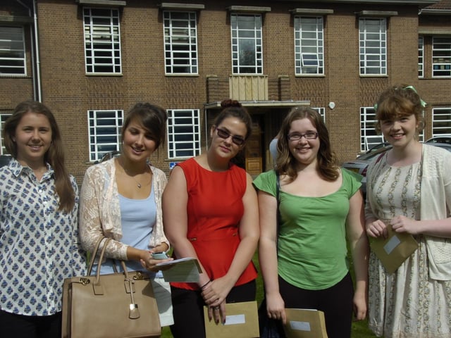 A group of five from Boston High School, collecting their A-level results in 2014. The school, that year, was celebrating a 100 per cent pass rate, with an increased number of students achieving the highest A* grades. Pictured (from left) are Emily Clare, Alex Simpson, Tara Hulbert, Lauren Warner and Jasmine Clark.