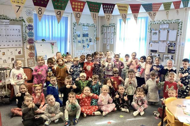 Pupils at the Richmond School in Skegness raising money for Red Nose Day by wearing pyjamas.
.
