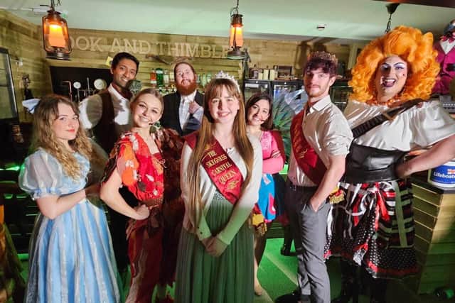Skegness Carnival Royalty  King Matthew Whitehead and Queen Summer Willetts meet the cast of Peter Pan at the Neverland Theatre, Skegness.