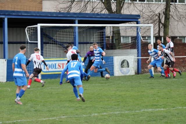 Goalmouth action from Brigg's game at Glasshoughton. Photo: Brigg Town FC.