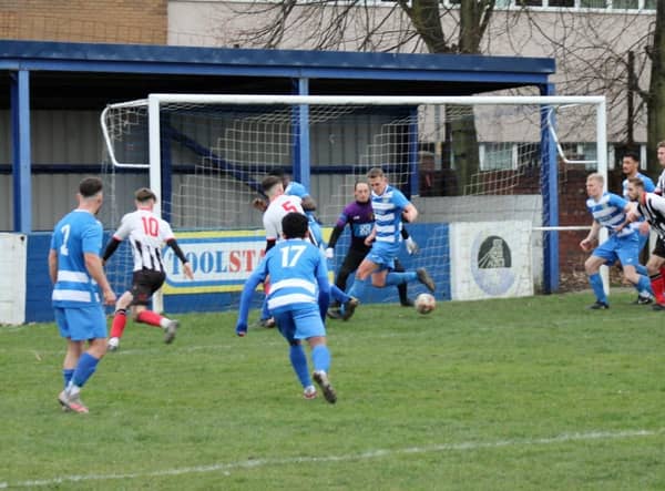 Goalmouth action from Brigg's game at Glasshoughton. Photo: Brigg Town FC.