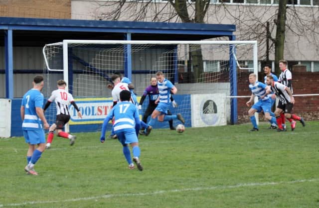 Goalmouth action from Brigg's game at Glasshoughton. Photo: Brigg Town FC.