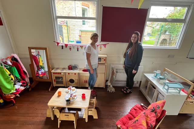 Manager Rae Knight and deputy manager Amy Westcough in Piggywigs new indoor play setting.