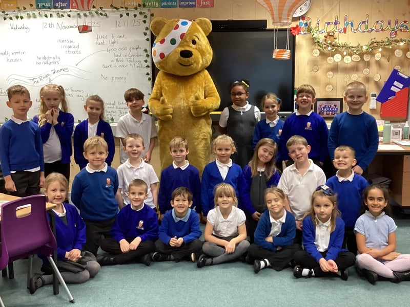 Pudsey spending time with members of Kirton Primary School's Year Two Chaffinches class.