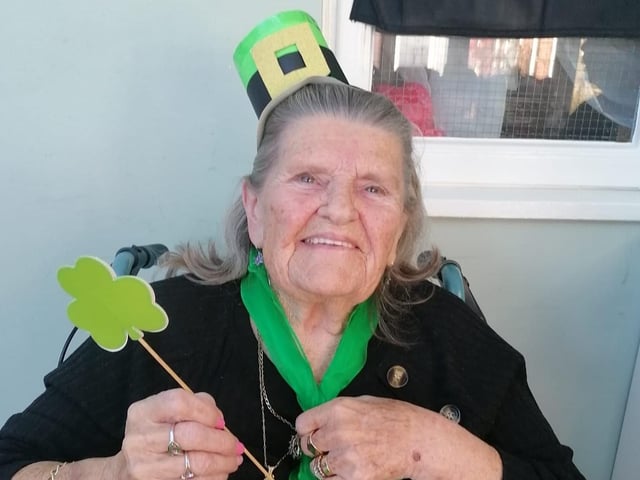 Resident, Jean Campbell showing off her great dress code and celebrating the day proudly.