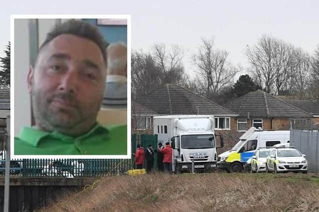 The victim Marcin Stolarek (inset) and police on the scene at the Chain Bridge Road pumping station where Mr Stolarek's body was found.