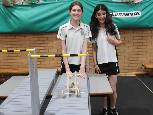 Testing their device - Sir William Robertson Academy Year 8 students Emily Mack and Summer Harrison. Photo: AH