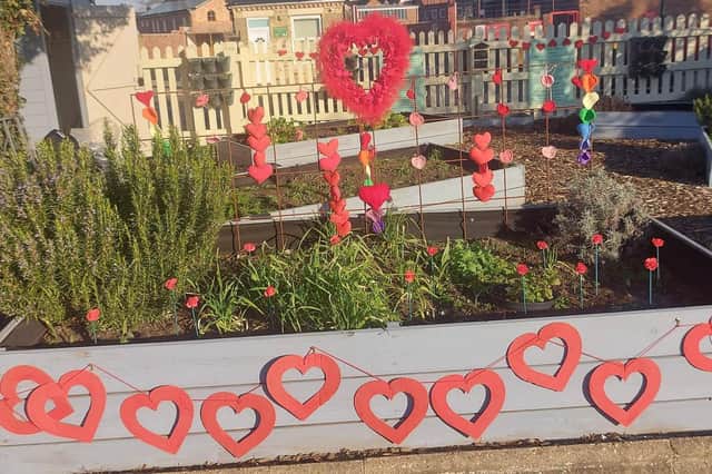 The Valentine's themed garden on Sleaford station platform.