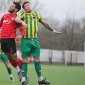 Skegness match-winner Gary King goes up for a header at Eastwood on Saturday. Photo: Jason Chadwick.