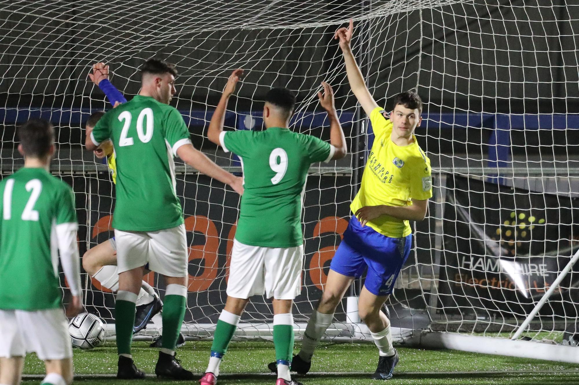 Joe Warren celebrates after getting the first goal in Hawks' win over Moneyfields under-18s Picture: Dave Haines