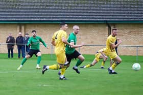 Rodrigo Goncalves (left) fires home the opening goal against Selston. Photo: Steve W Davies Photography.