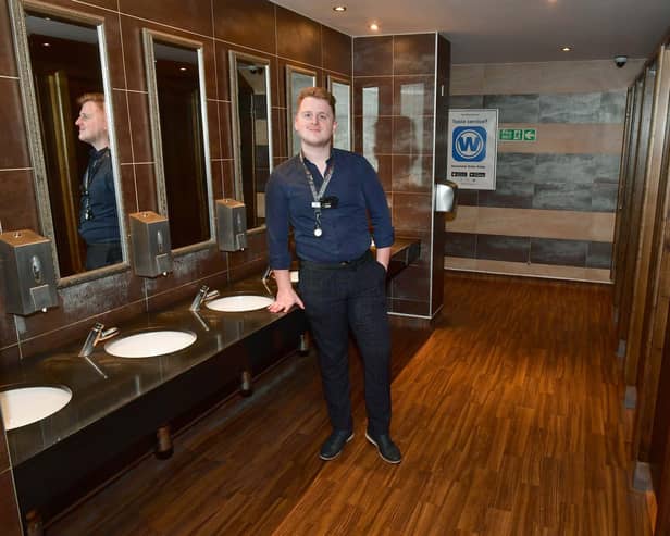 Shift Manager Aiden Cook in the Joseph Morton toilets. Photo: D.R.Dawson Photography