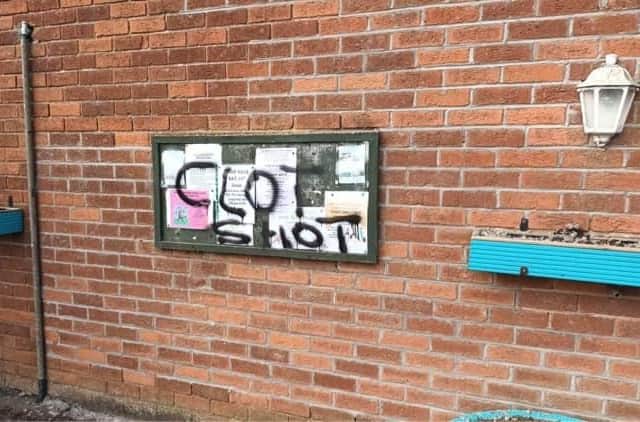 The anti-vax graffiti at Trusthorpe village hall.
