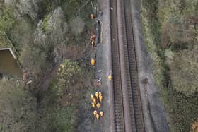 Engineers at the site of the Aycliffe landslip working to repair the railway. Photo: Network Rail