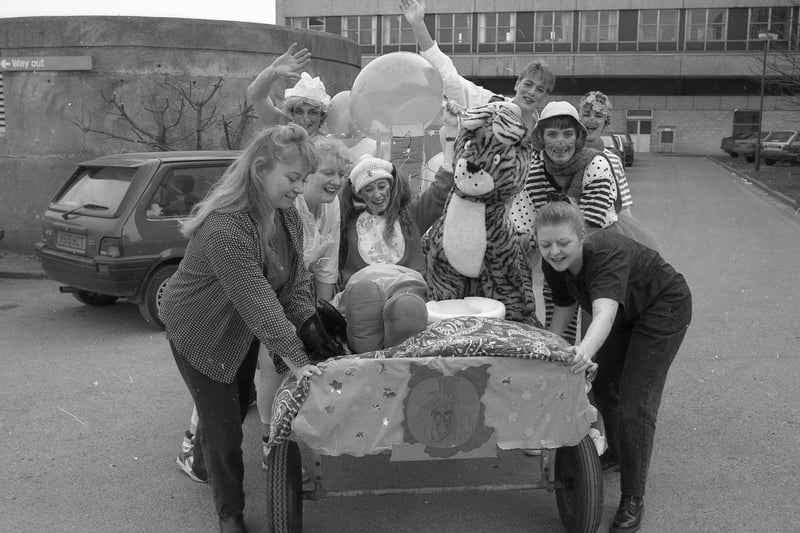 Students nurses at Boston's Pilgrim Hospital held a bed push fundraiser for Comic Relief in 1993.