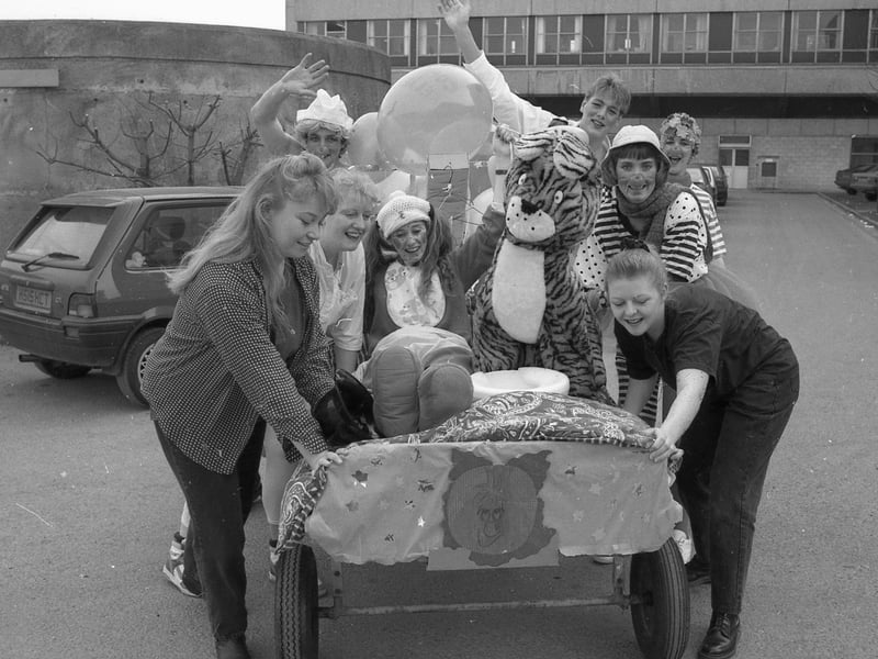 Students nurses at Boston's Pilgrim Hospital held a bed push fundraiser for Comic Relief in 1993.