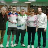 Winners of the bowls-cricket tournament, Ron Moore, Nathan Dunnington, organiser Scott Whyers, Heather Scarboro and Howard Williams