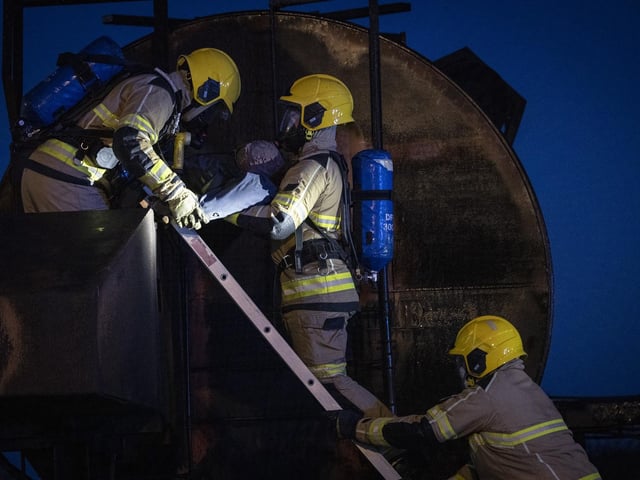 RAF Coningsby Firefighters practice the recovery of a casualty. Photo: Sgt Nicholas Egan RAF